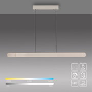 Moderne, längliche LED-Pendelleuchte mit zwei schwarzen Abhängungen und flachem Baldachin, warmweiß bis kaltweiß einstellbar (CCT), Frontansicht leicht von unten vor grauem Hintergrund.