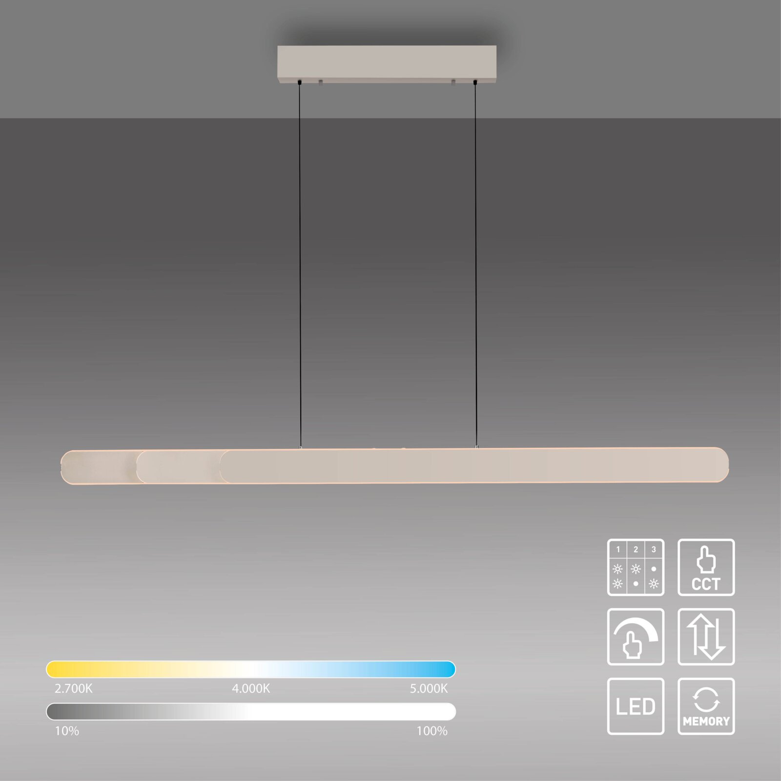 Moderne, längliche LED-Pendelleuchte mit zwei schwarzen Abhängungen und flachem Baldachin, warmweiß bis kaltweiß einstellbar (CCT), Frontansicht leicht von unten vor grauem Hintergrund.