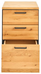 Frontansicht eines Anstellcontainers mit drei Schubladen aus Holz, die mittlere Schublade ist leicht geöffnet.