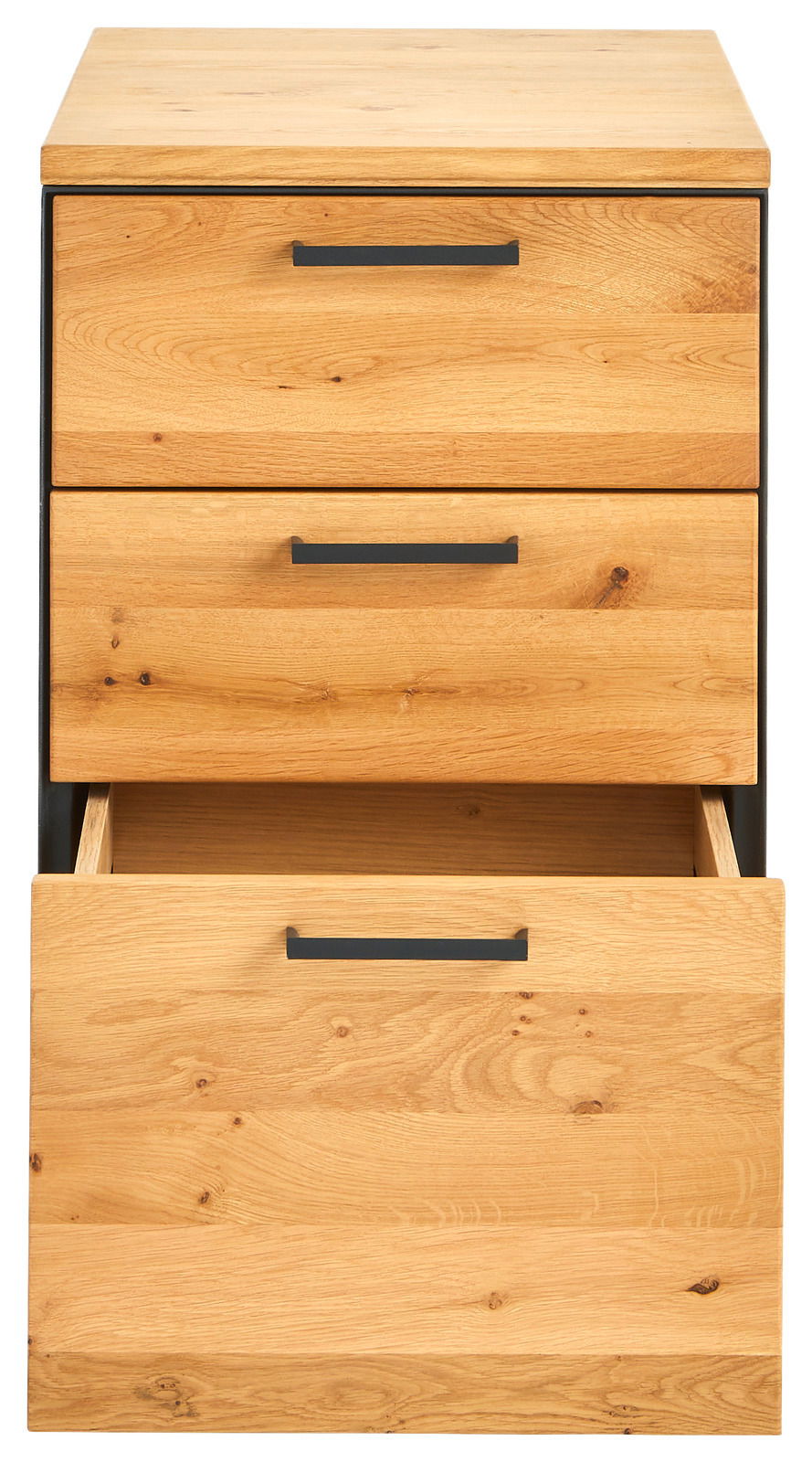 Frontansicht eines Anstellcontainers mit drei Schubladen aus Holz, die mittlere Schublade ist leicht geöffnet.