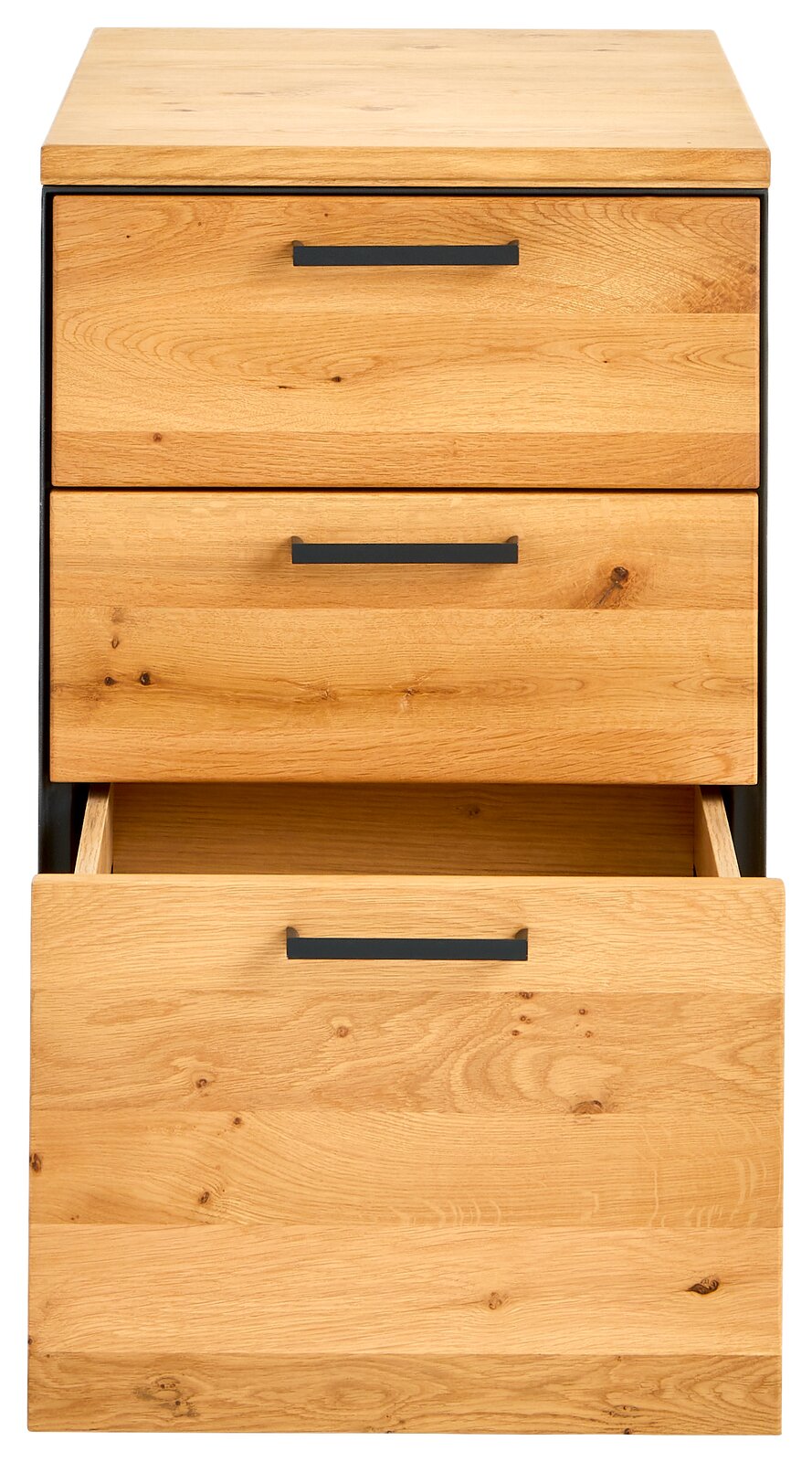 Frontansicht eines Anstellcontainers mit drei Schubladen aus Holz, die mittlere Schublade ist leicht geöffnet.