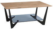 Moderner Couchtisch mit Holzplatte und schwarzem Metallgestell, seitliche Perspektive