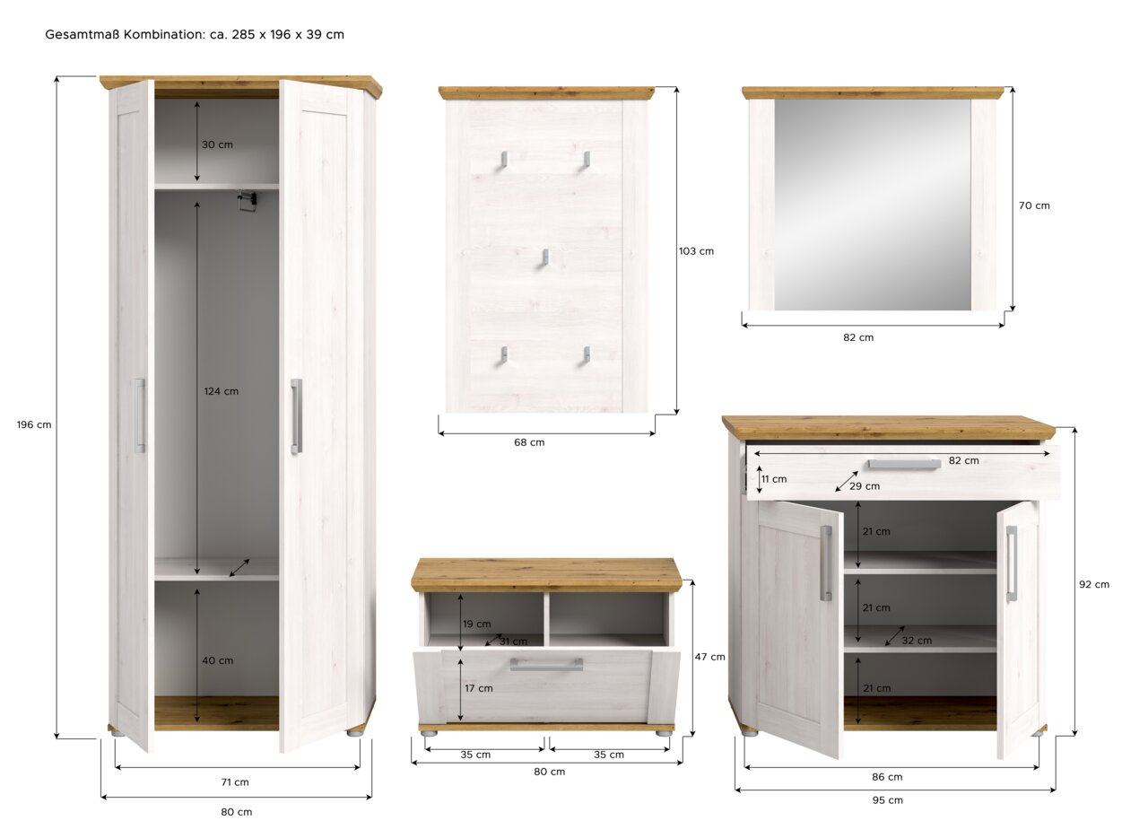Garderobenkombination in Weiß mit Holzdetails, bestehend aus einem hohen Schrank, einer Wandgarderobe mit Haken, einem Spiegel, einer Schuhbank und einem Kommodenschrank. Frontalansicht.
