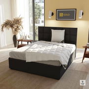 Modernes Schlafzimmer mit einem eleganten, schwarzen Bett und einem Spessarttraum Kissen GOLD in der Größe 80x80cm, seitliche Perspektive.