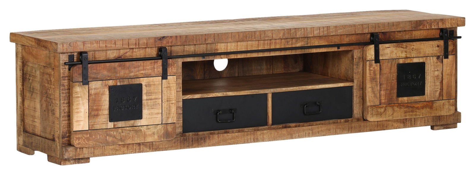 Rustikales Lowboard aus Holz mit Schiebetüren und Schubladen, seitliche Perspektive