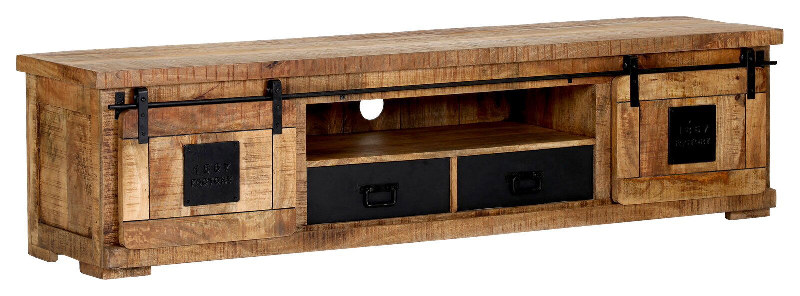 Rustikales Lowboard aus Holz mit Schiebetüren und Schubladen, seitliche Perspektive