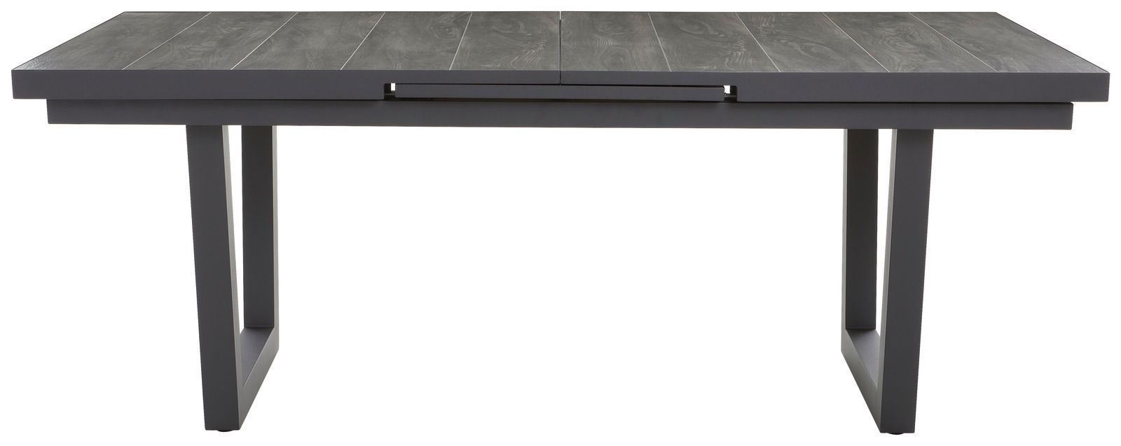 Moderner Gartentisch aus dunklem Holz mit Metallbeinen, frontal betrachtet.