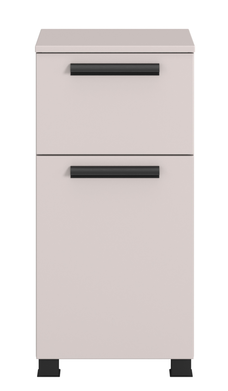 XORA Unterschrank VANNES Moderner Unterschrank mit zwei Schubladen in Frontansicht, graue Oberfläche und schwarze Griffe.