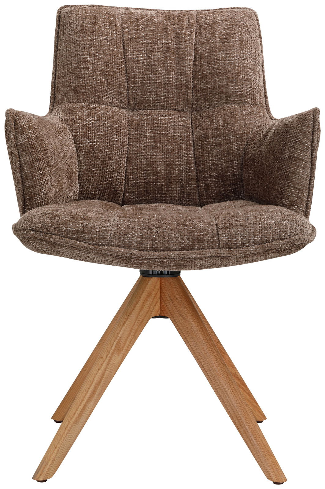 Brauner Sessel mit gepolstertem Stoffbezug und Holzbeinen, Frontalansicht