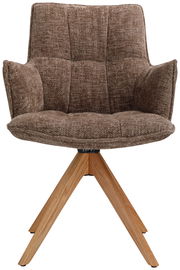 Brauner Sessel mit gepolstertem Stoffbezug und Holzbeinen, Frontalansicht