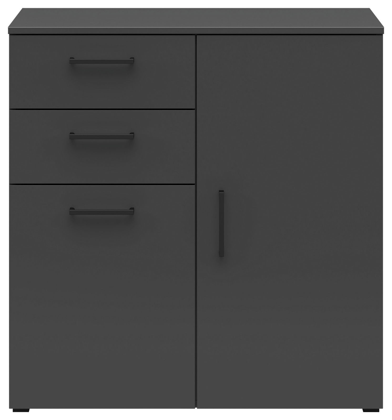 Schwarze Kommode mit drei Schubladen auf der linken Seite und einer Tür auf der rechten Seite, Frontalansicht