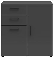 Schwarze Kommode mit drei Schubladen auf der linken Seite und einer Tür auf der rechten Seite, Frontalansicht