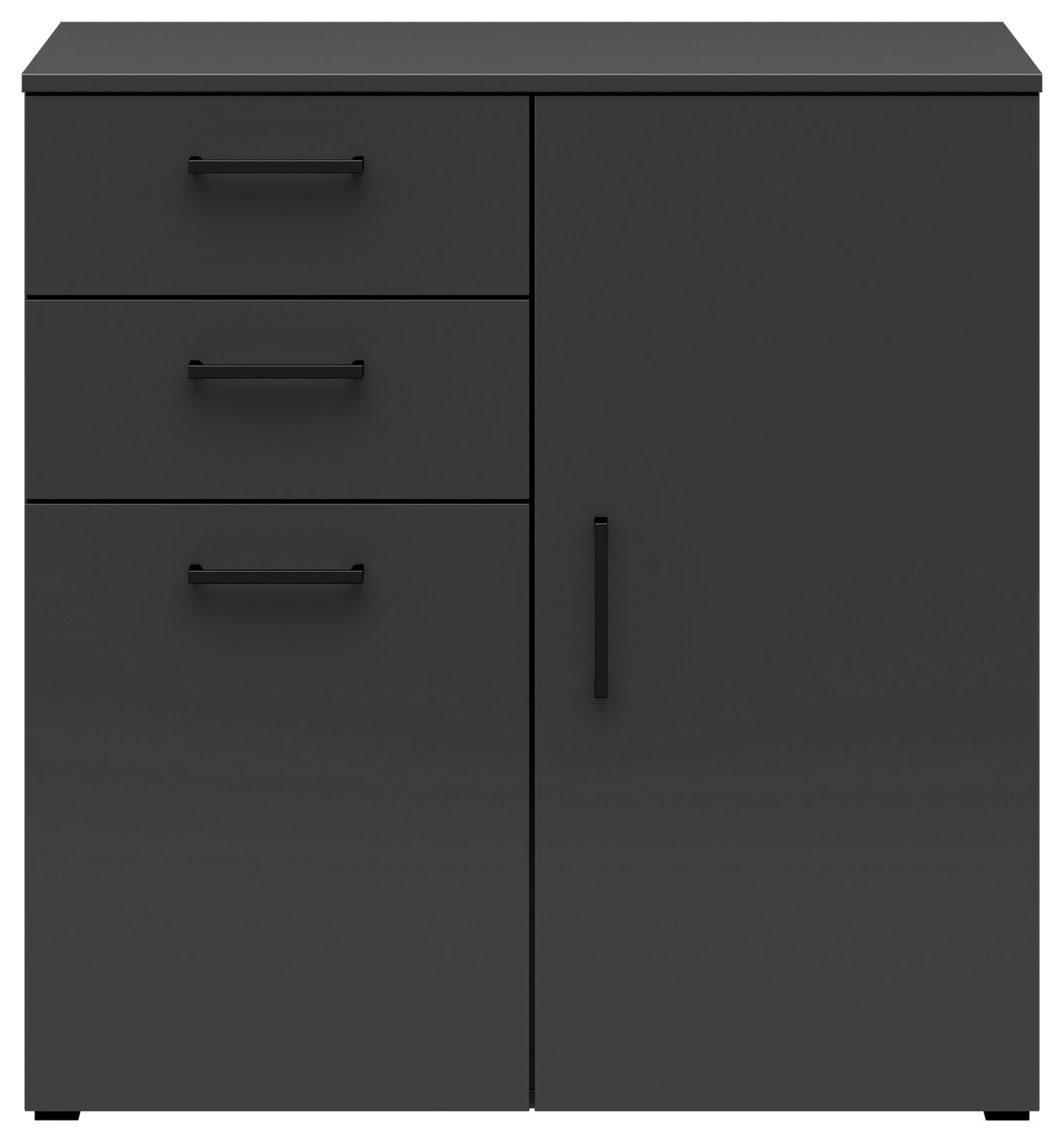 Schwarze Kommode mit drei Schubladen auf der linken Seite und einer Tür auf der rechten Seite, Frontalansicht