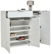 Moderner XL-Schuhschrank in Weiß mit offenen Türen, zeigt mehrere Regalböden mit Schuhen und einer Schublade oben, seitliche Perspektive.