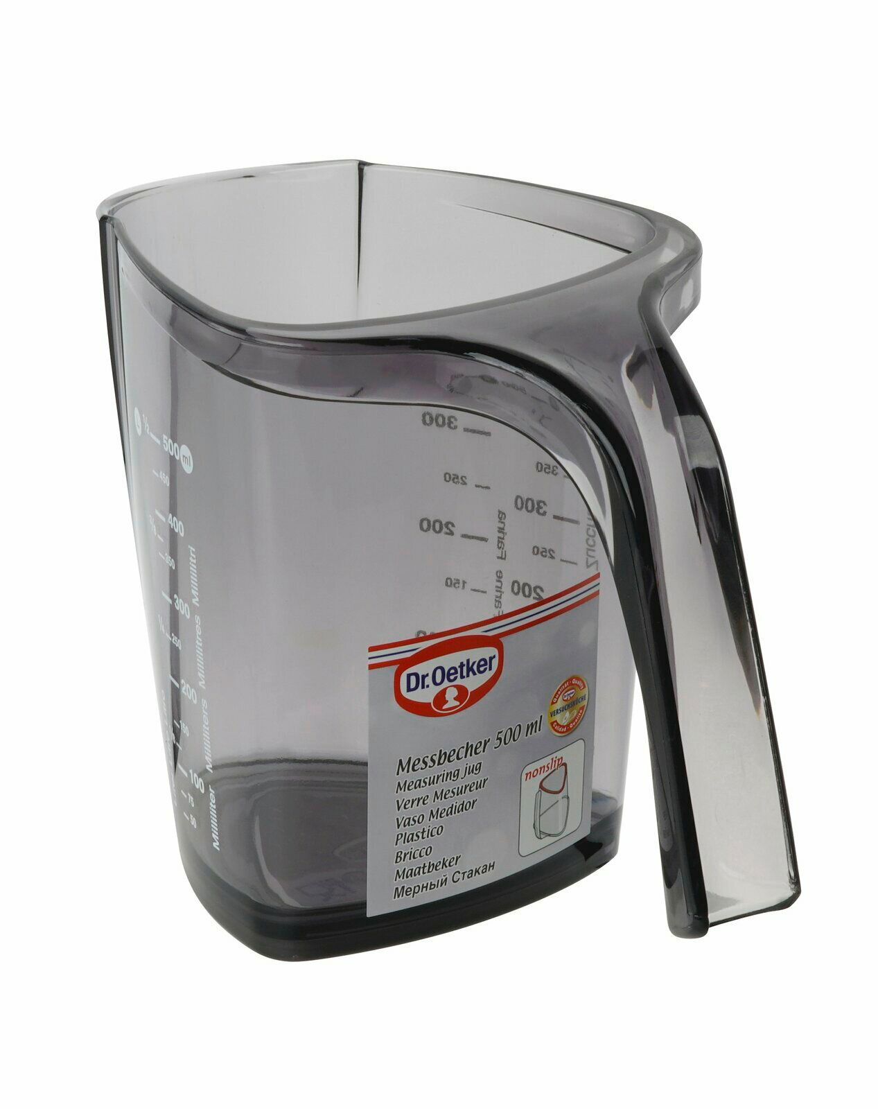Transparenter Messbecher 500ml mit Griff, seitliche Skala und Dr. Oetker Logo, seitliche Perspektive