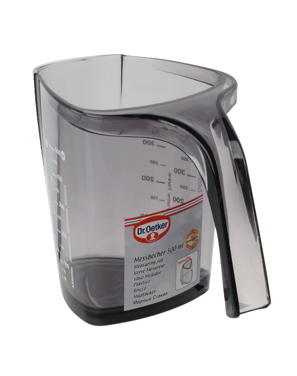 Transparenter Messbecher 500ml mit Griff, seitliche Skala und Dr. Oetker Logo, seitliche Perspektive