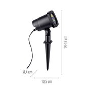 Schwarzer Laser-Projektor für Außenbereich mit Erdspieß und Kabel, seitliche Ansicht auf weißem Hintergrund, Maße ca. 10,5 cm Länge, 8,4 cm Breite und 14–15 cm Höhe