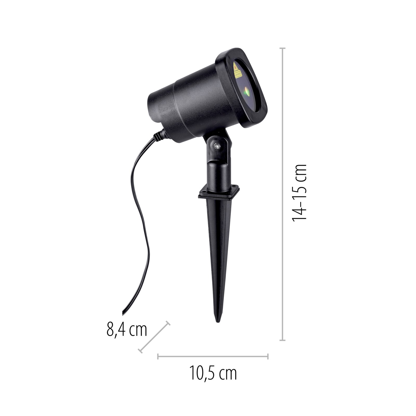 Zwarte laserprojector voor buitengebruik met grondpen en kabel, zijaanzicht op witte achtergrond, afmetingen ca. 10,5 cm lang, 8,4 cm breed en 14–15 cm hoog