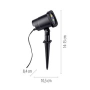 Zwarte laserprojector voor buitengebruik met grondpen en kabel, zijaanzicht op witte achtergrond, afmetingen ca. 10,5 cm lang, 8,4 cm breed en 14–15 cm hoog