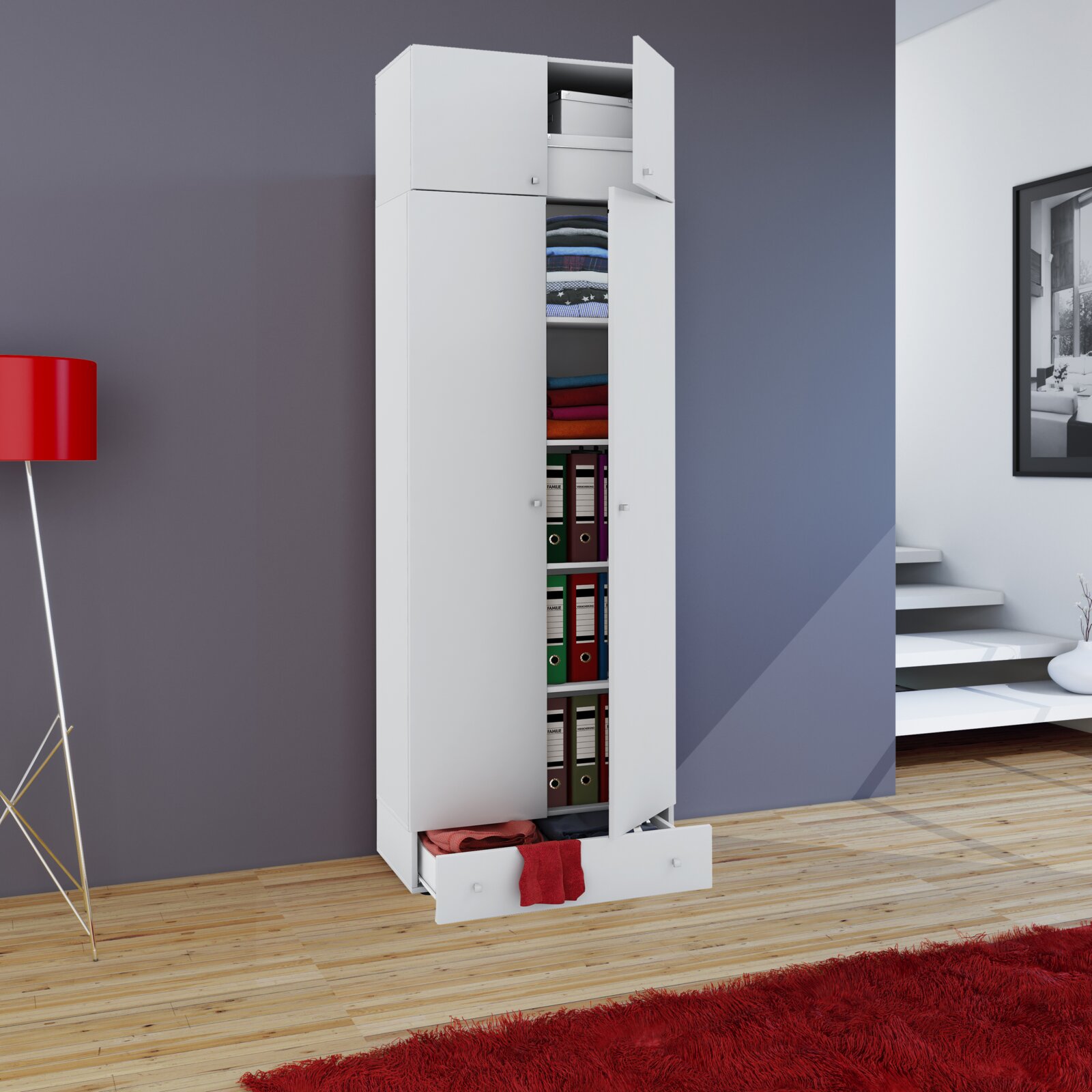 VCM Mehrzweckschrank VANDOL Weißer, hoher Mehrzweckschrank mit geöffneten Türen und unterer Schublade, innen mit gefalteter Kleidung und Aktenordnern, in moderner Wohnumgebung – Frontansicht leicht schräg von rechts.