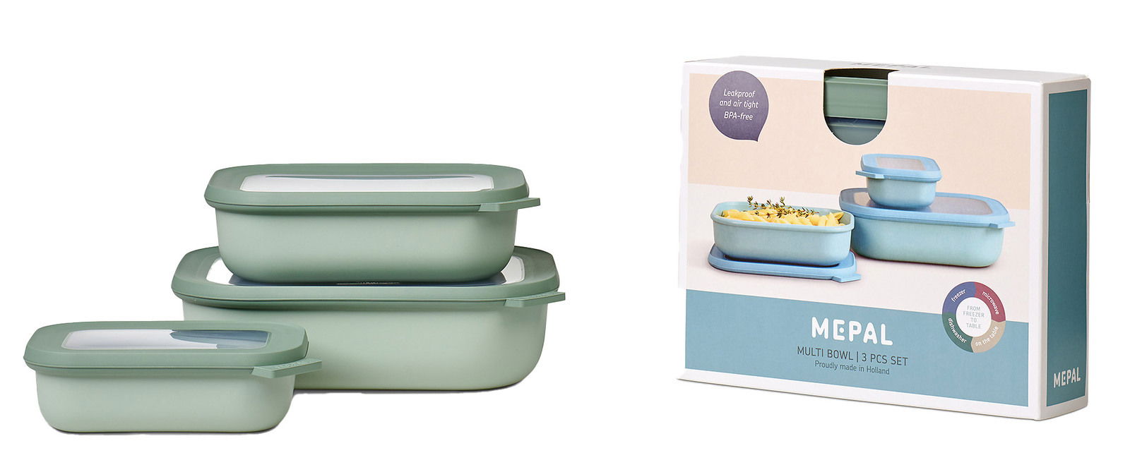 Dreiteiliges Set rechteckiger Aufbewahrungsboxen in Grün, stapelbar, mit transparenten Deckeln, seitliche Perspektive.