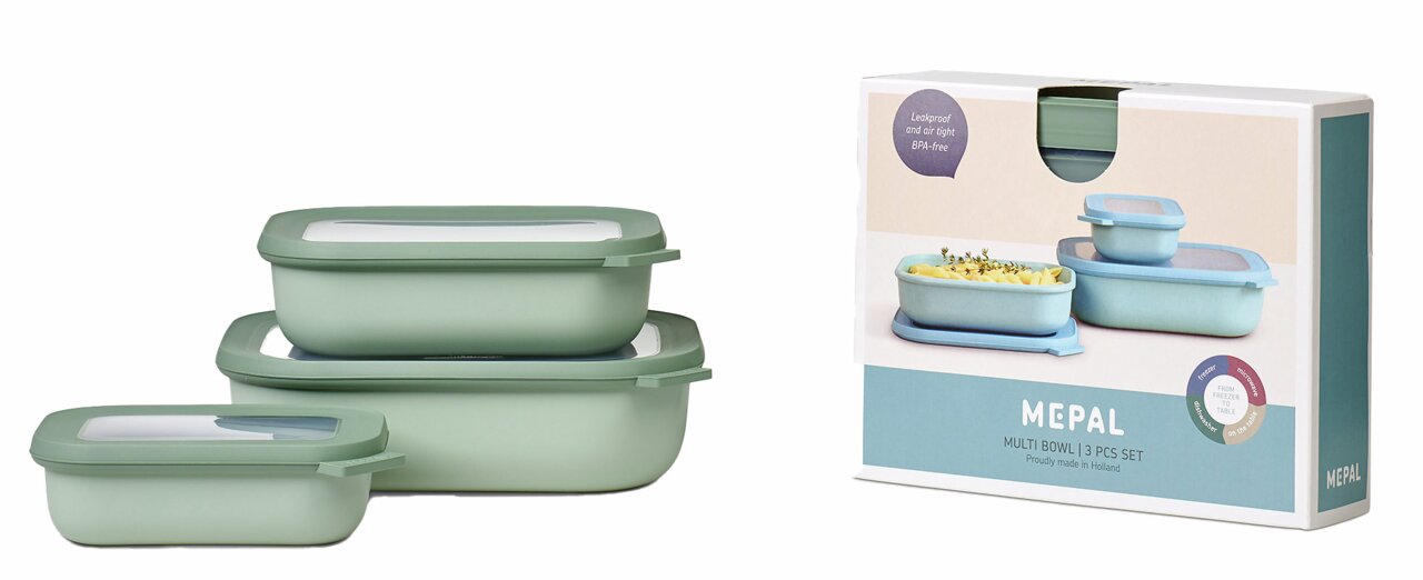 Mepal Multischüssel 3-tlg. CIRQULA Dreiteiliges Set rechteckiger Aufbewahrungsboxen in Grün, stapelbar, mit transparenten Deckeln, seitliche Perspektive.