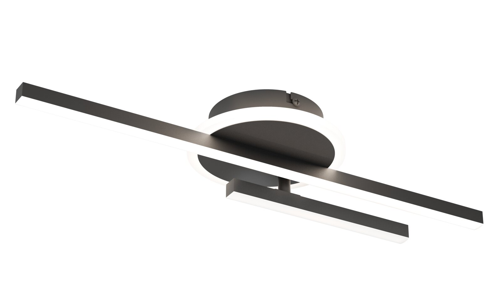 Novel LED-plafondlamp TRILJ Moderne zwarte LED plafondlamp met twee slanke lichtbalken en ronde plafondplaat, schuin van onderen gezien (driekwartperspectief)