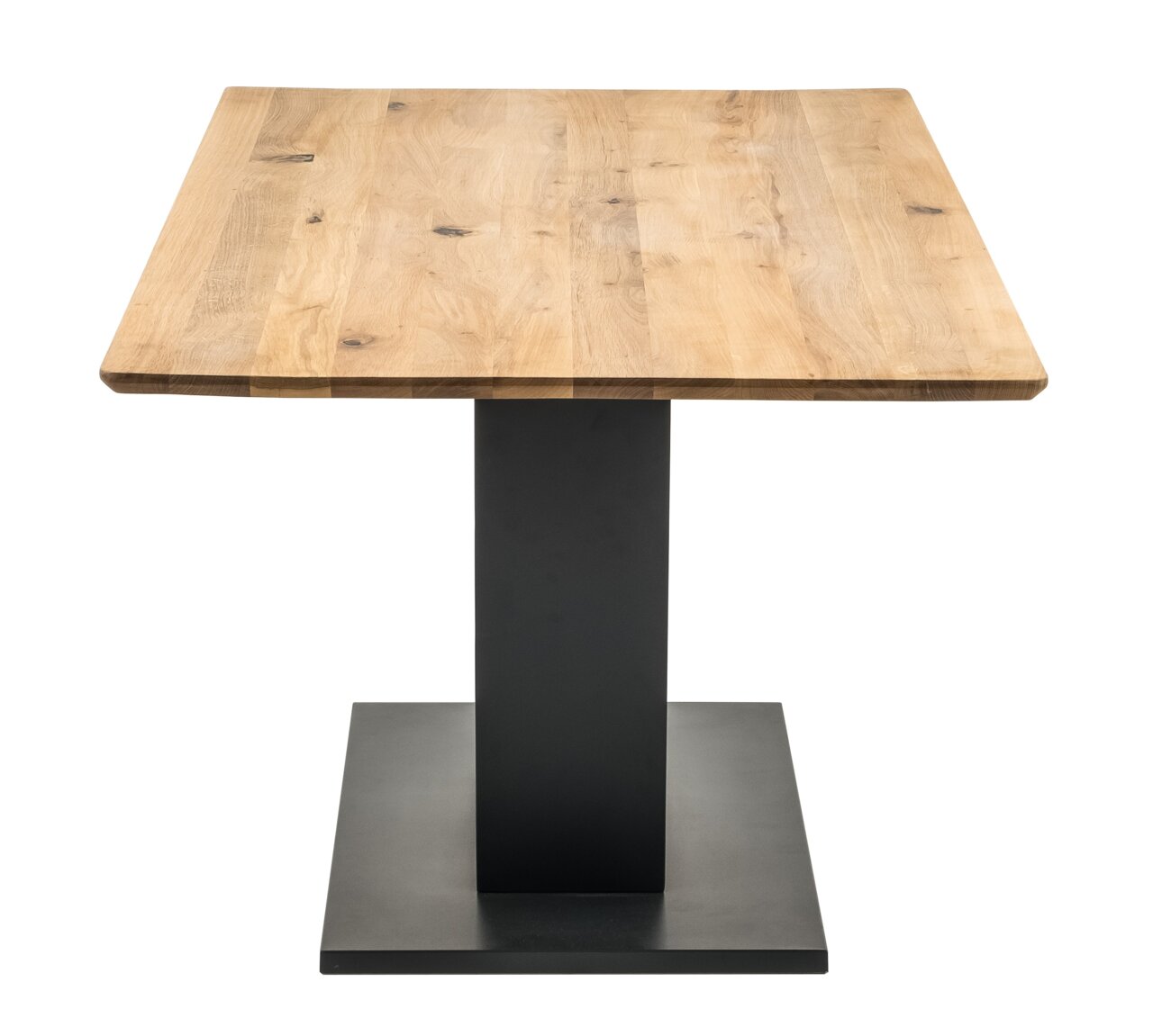 Moderner Esstisch mit quadratischer Holzplatte und stabilem Metallfuß, Frontalansicht.