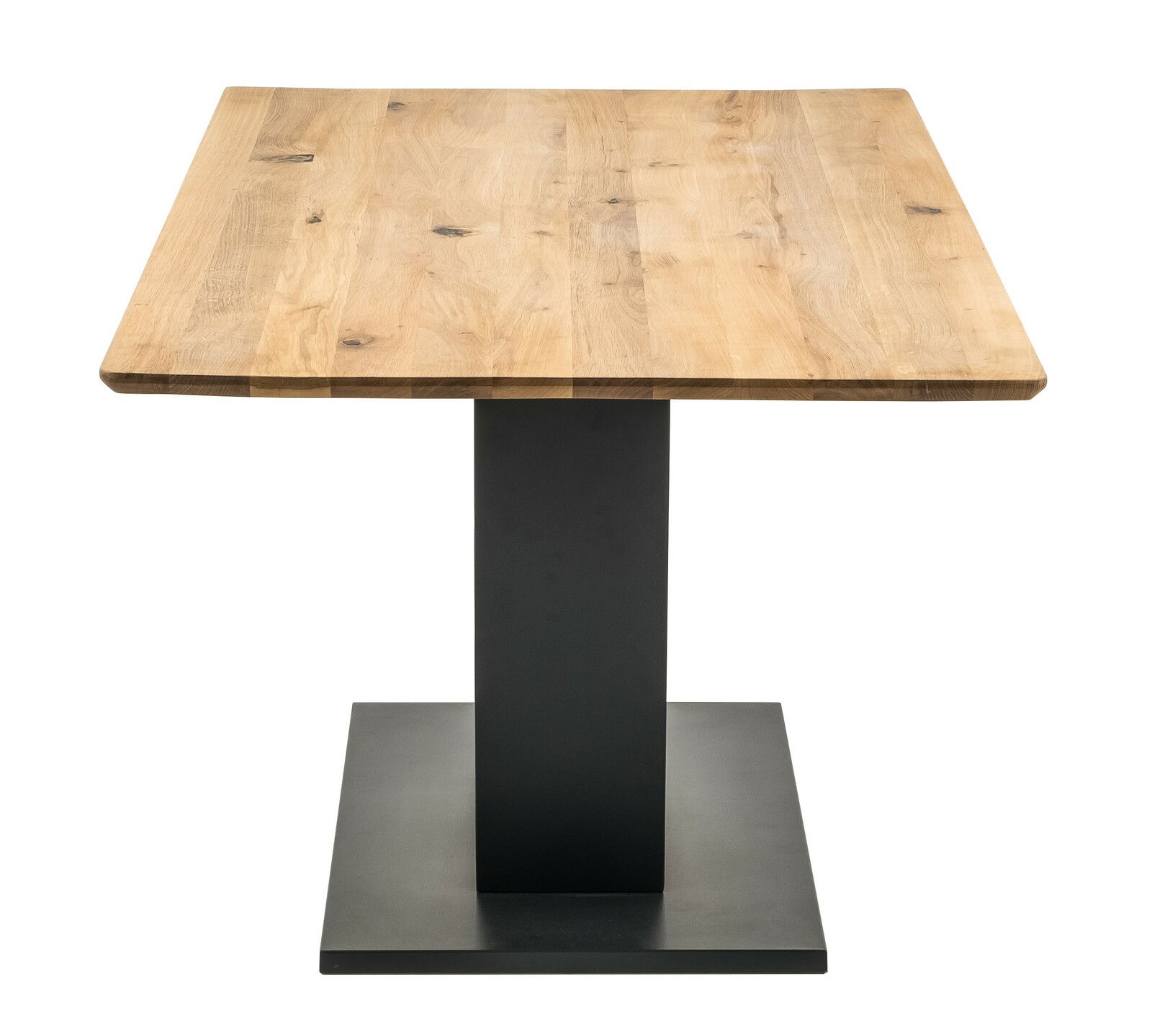 Moderner Esstisch mit quadratischer Holzplatte und stabilem Metallfuß, Frontalansicht.