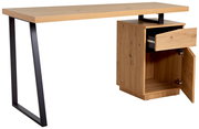 Moderner Schreibtisch aus Holz mit schwarzem Metallgestell, Schublade und Schrank, seitliche Perspektive