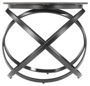 Moderner Beistelltisch mit schwarzem, kreisförmigem Metallgestell, seitliche Perspektive
