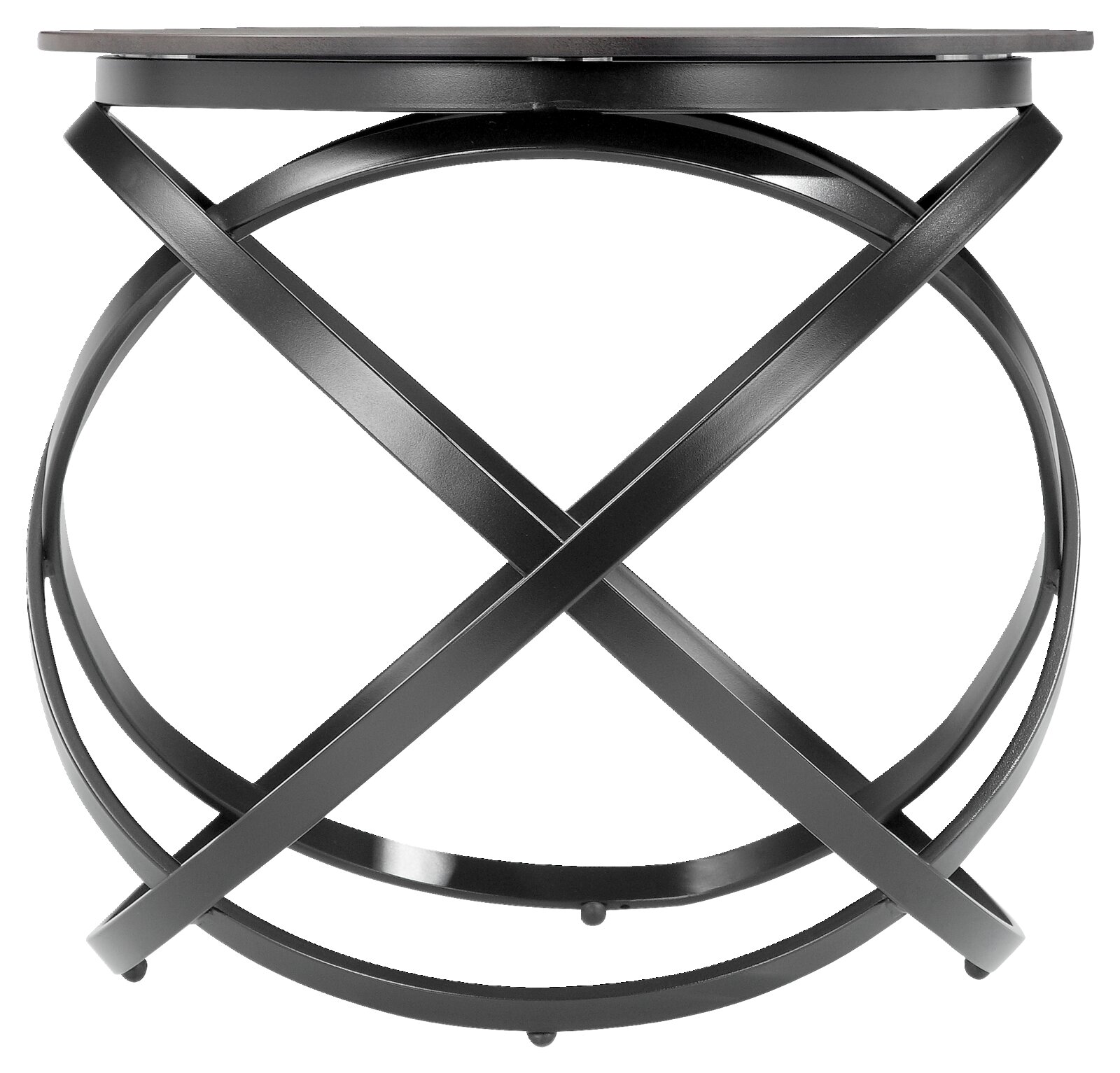 Moderne bijzettafel met een zwart, cirkelvormig metalen onderstel, zijaanzicht
