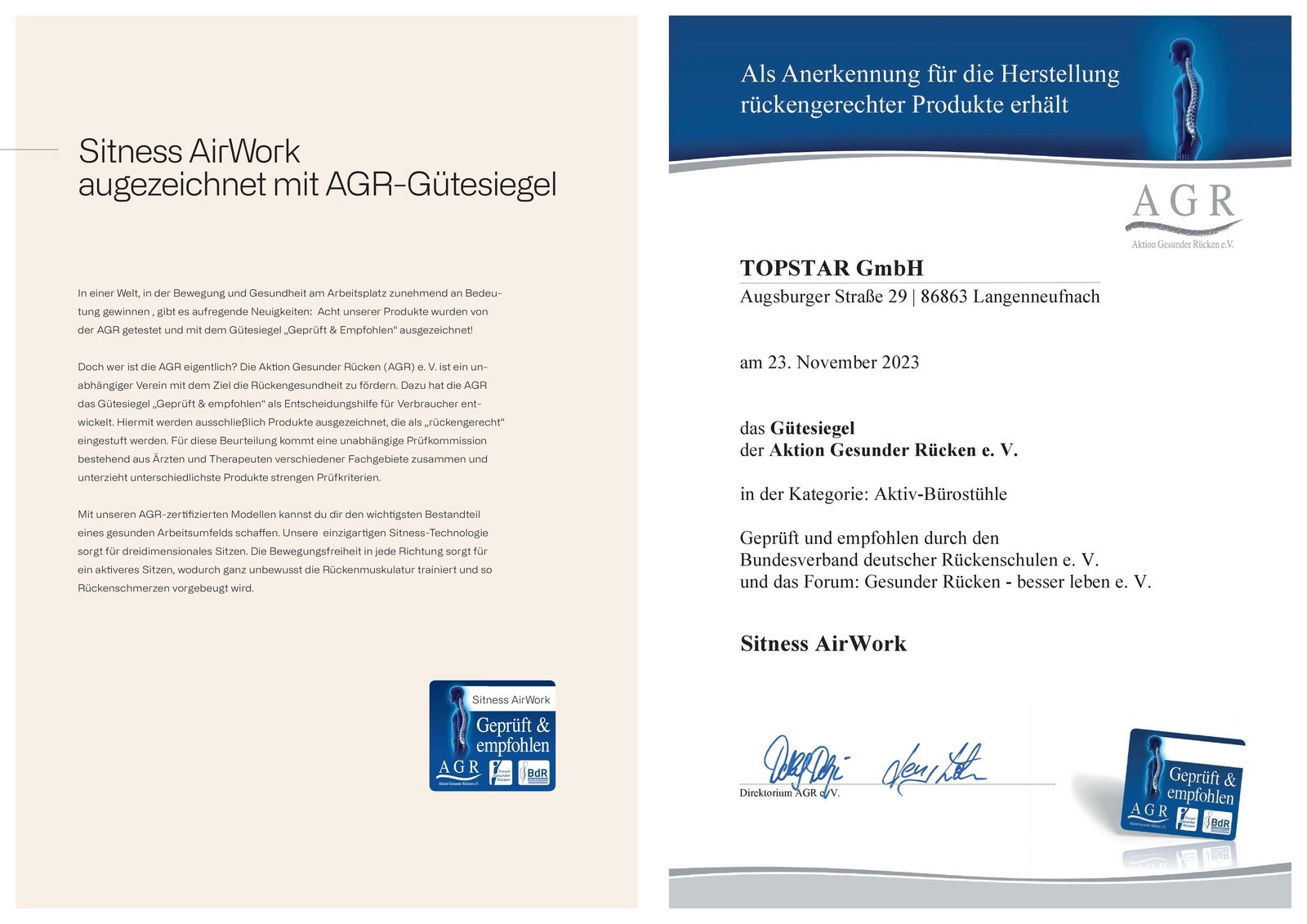 Zertifikat für den Bürostuhl Topstar SITNESS AIRWORK G mit AGR-Gütesiegel, Vorderansicht