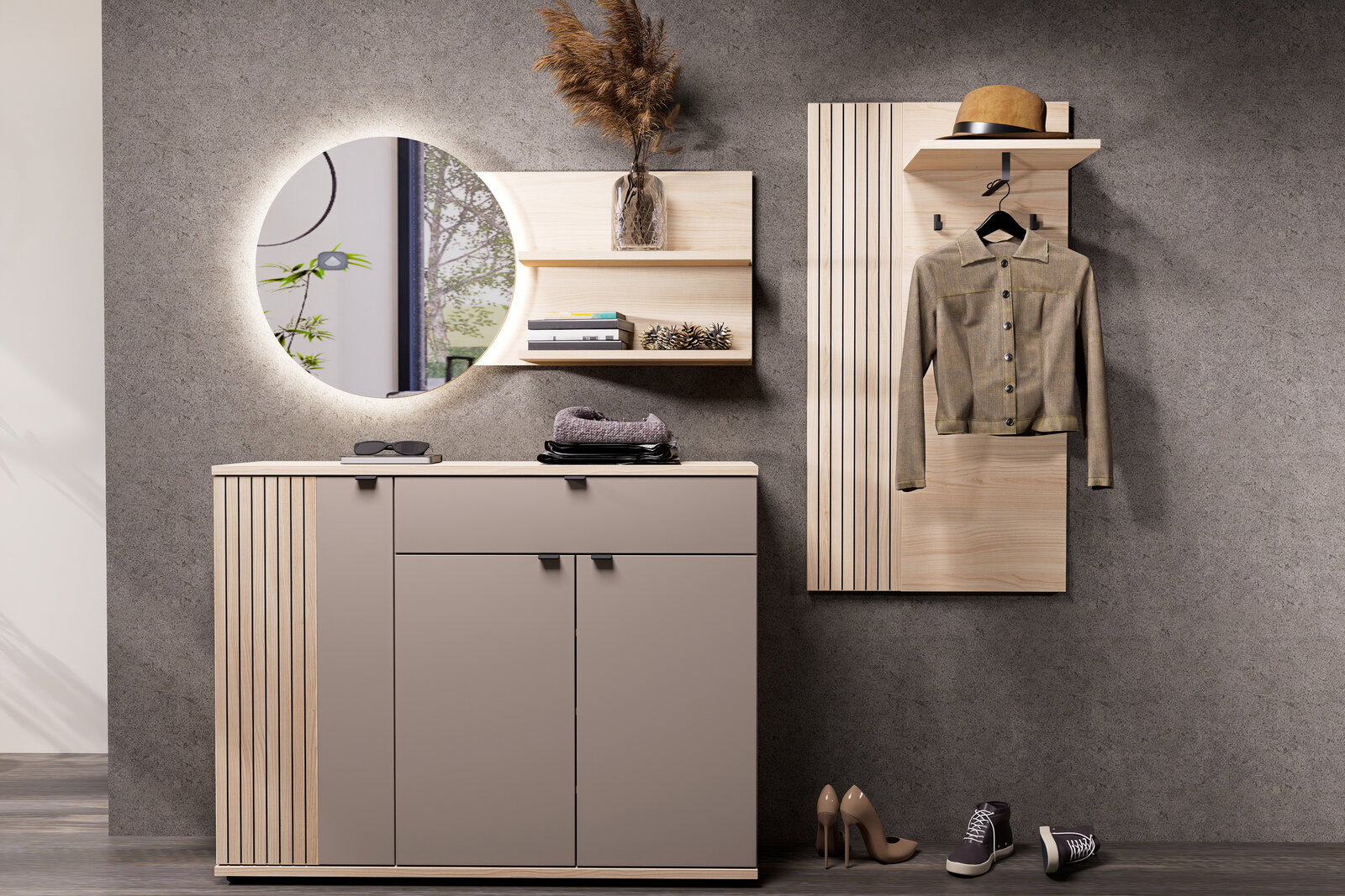 Moderne Flur-Garderobe mit Schuhschrank in Taupe und Holz-Lamellen, rundem beleuchtetem Spiegel, Wandregal und Garderobenpaneel mit Hutablage und Jacke, frontal aus leicht erhöhter Perspektive