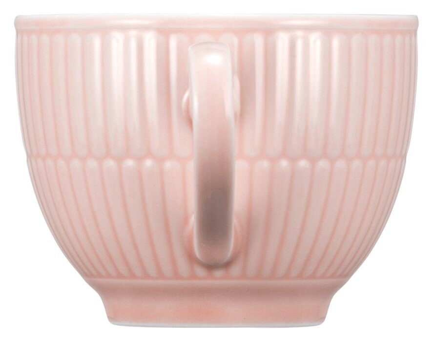 Roze koffiekopje met geribbeld patroon, zijaanzicht