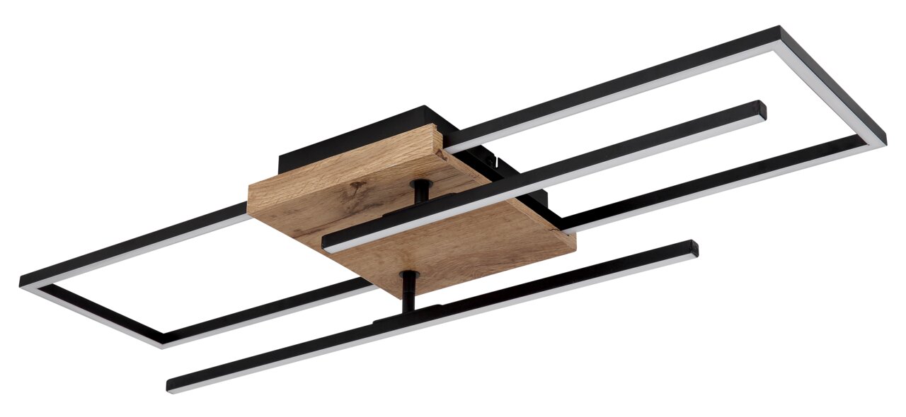Moderne Deckenleuchte mit rechteckigem Design aus Holz und Metall, seitliche Perspektive