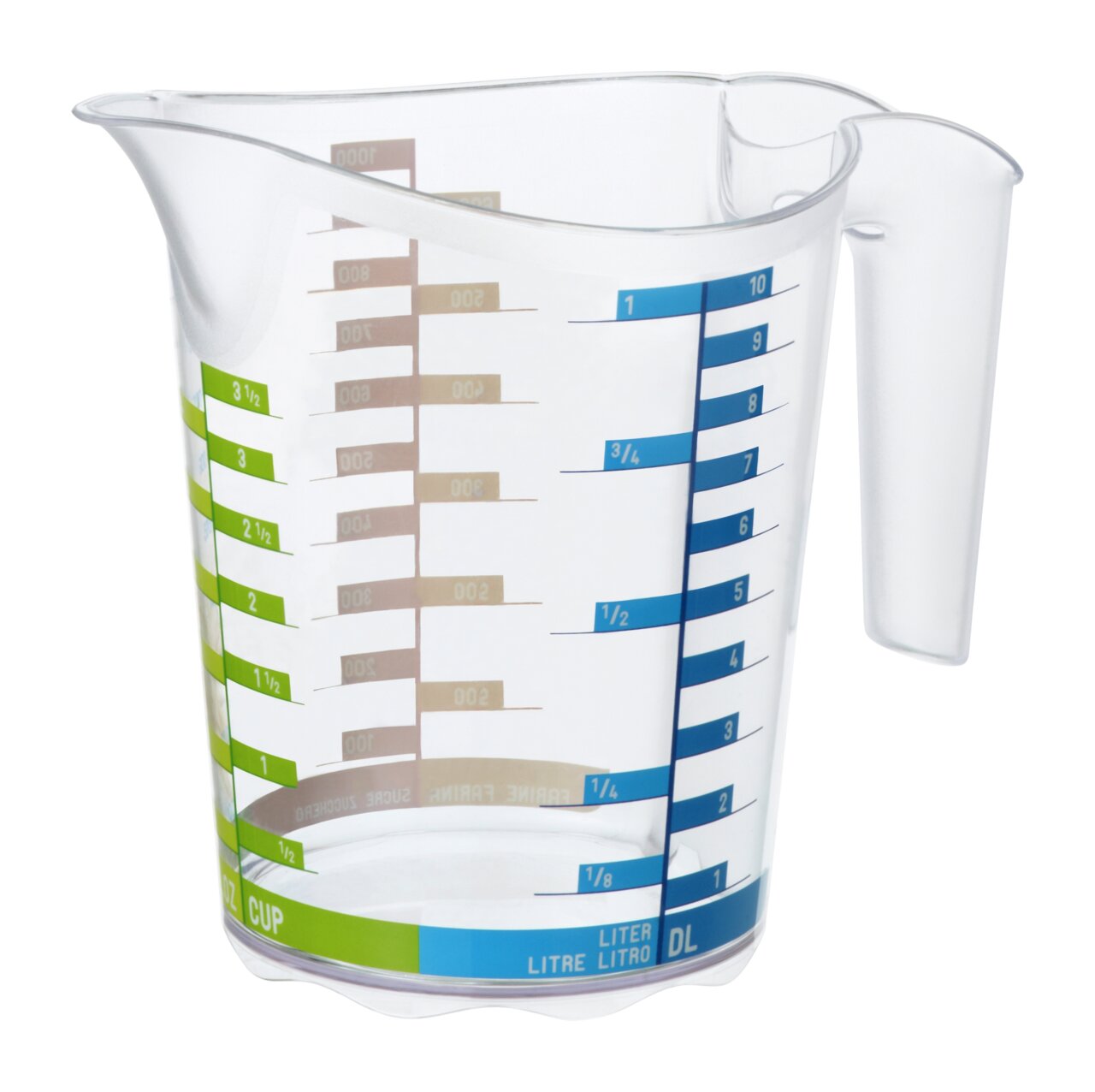 rotho Messbecher DOMINO Transparenter 1-Liter-Messbecher mit farbigen Skalen für verschiedene Maßeinheiten, seitliche Perspektive