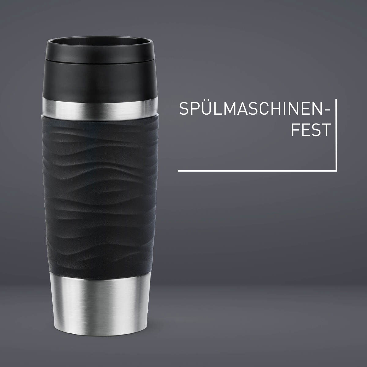 Schwarzer Thermobecher Classic Wave 0,36L mit wellenförmiger Struktur, Edelstahlboden und schwarzem Deckel, frontal abgebildet, spülmaschinenfest.
