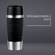 Schwarzer Thermobecher Classic Wave 0,36L mit wellenförmiger Struktur, Edelstahlboden und schwarzem Deckel, frontal abgebildet, spülmaschinenfest.