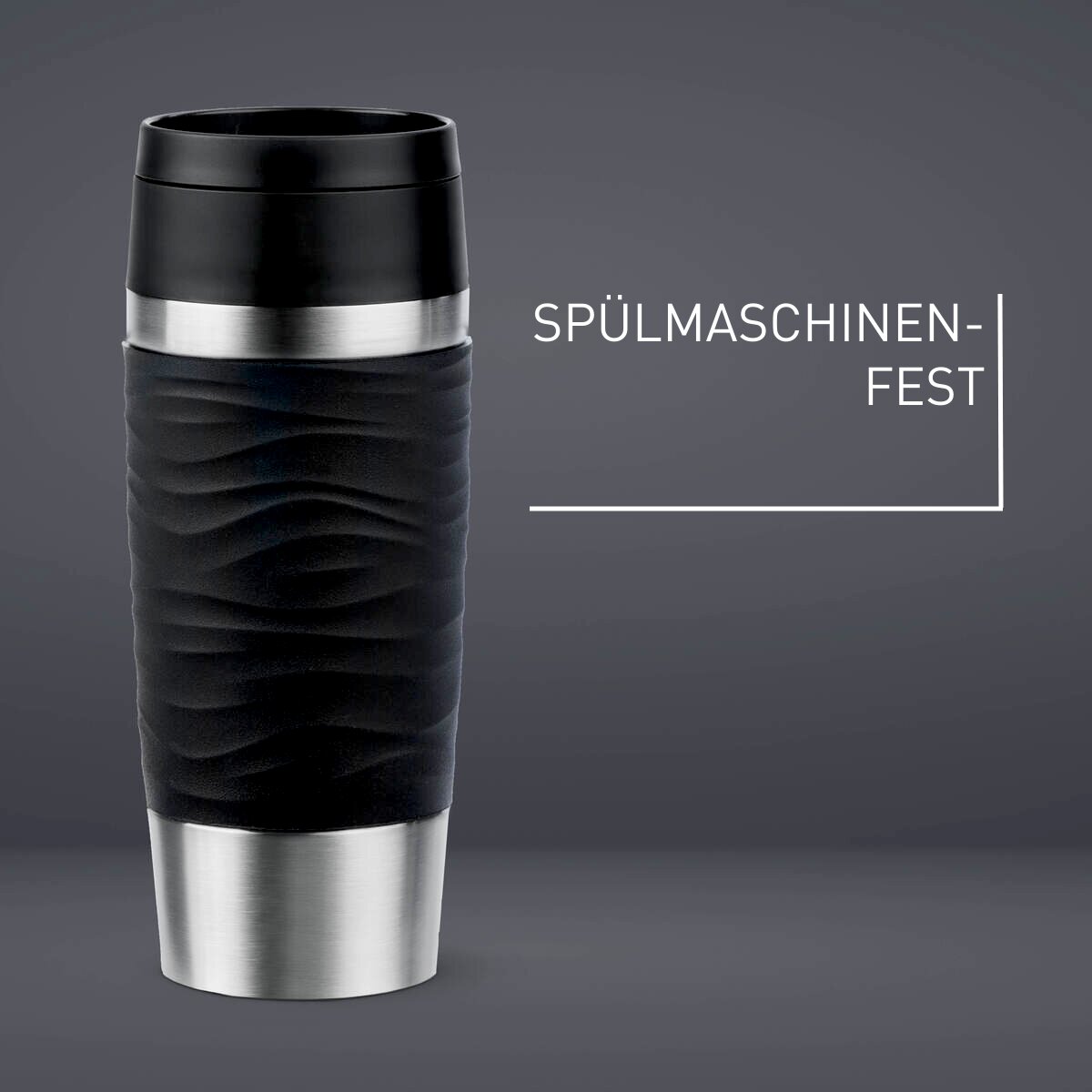 Schwarzer Thermobecher Classic Wave 0,36L mit wellenförmiger Struktur, Edelstahlboden und schwarzem Deckel, frontal abgebildet, spülmaschinenfest.