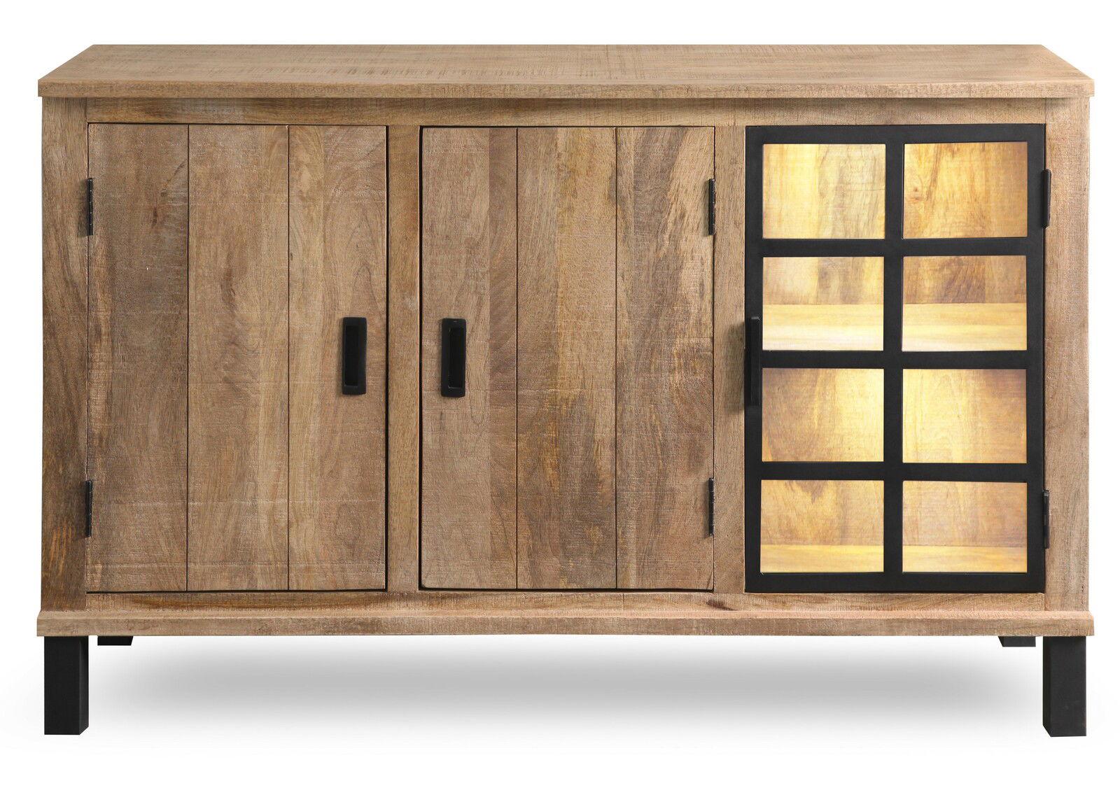 Frontale Ansicht des Sideboards KALI aus Holz mit drei Türen, davon eine mit Glaseinsatz und schwarzem Gitterdesign.