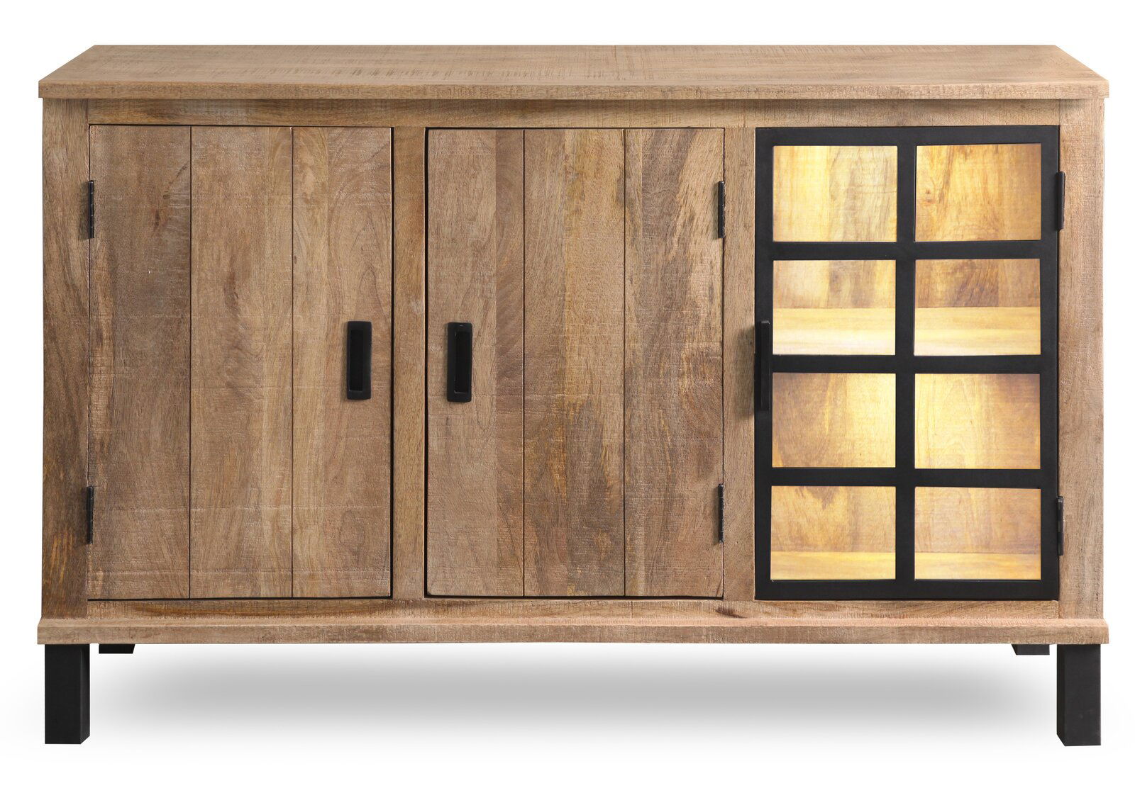 Frontale Ansicht des Sideboards KALI aus Holz mit drei Türen, davon eine mit Glaseinsatz und schwarzem Gitterdesign.