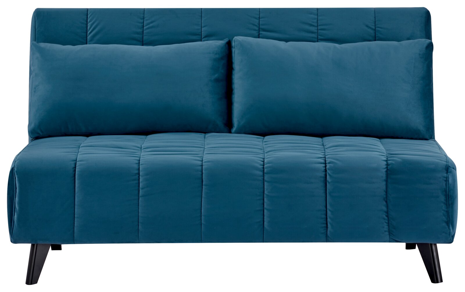 Blaues Funktionssofa mit zwei großen Kissen, Vorderansicht