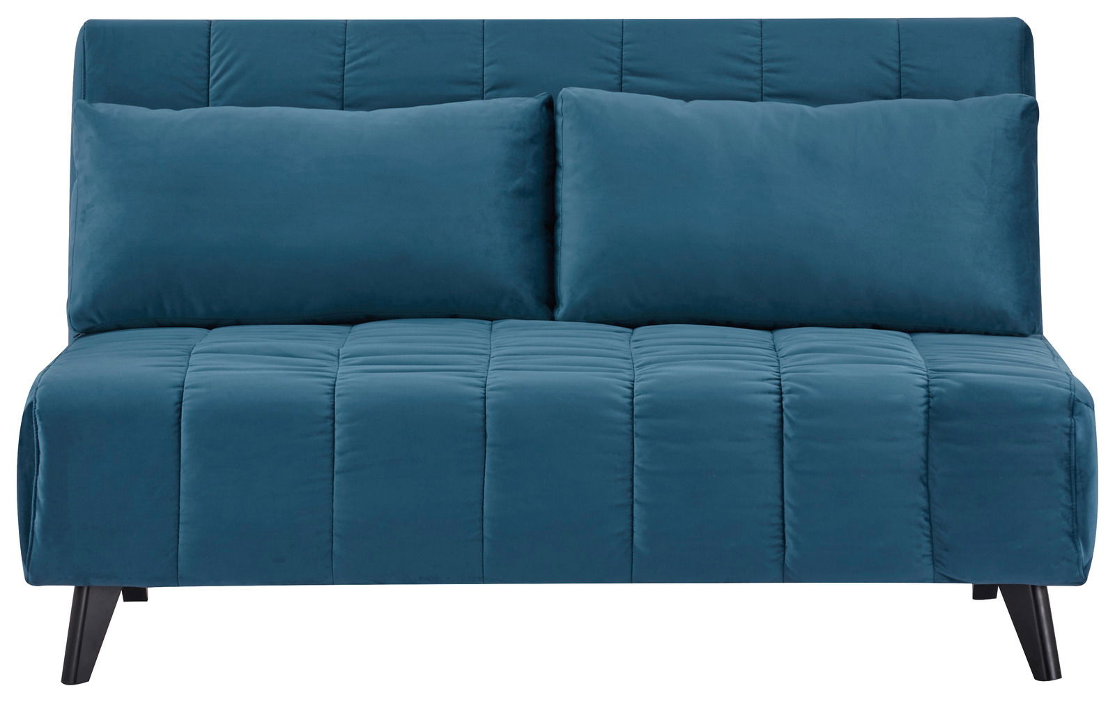 Blaues Funktionssofa mit zwei großen Kissen, Vorderansicht