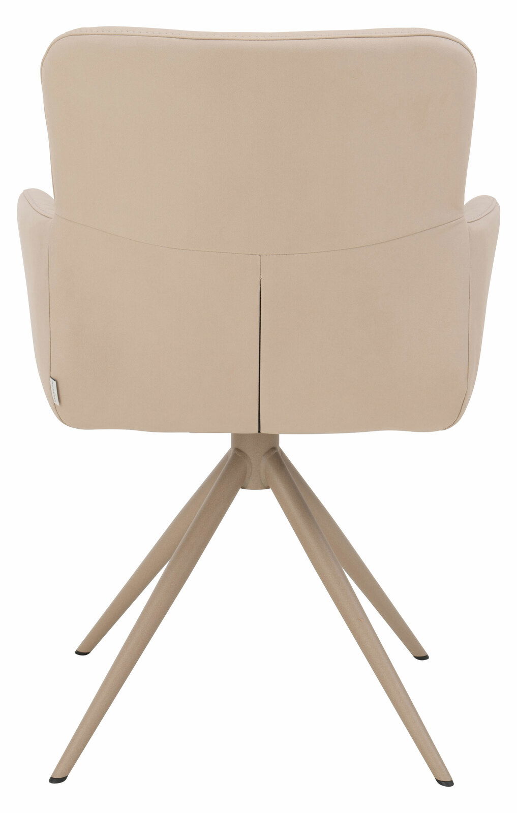 Rückansicht eines beigen Armlehnstuhls mit vier Beinen.