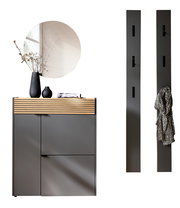 Garderoben-Set in Graphit mit modernem Design, bestehend aus einem Schrank mit Holzdetails und zwei Wandpaneelen mit Haken, frontal abgebildet.
