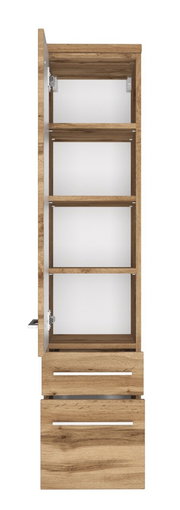 Frontansicht eines Midischranks mit geöffneter Tür, vier Regalböden und zwei Schubladen in Holzoptik.