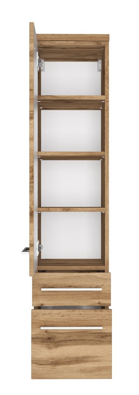 Frontansicht eines Midischranks mit geöffneter Tür, vier Regalböden und zwei Schubladen in Holzoptik.