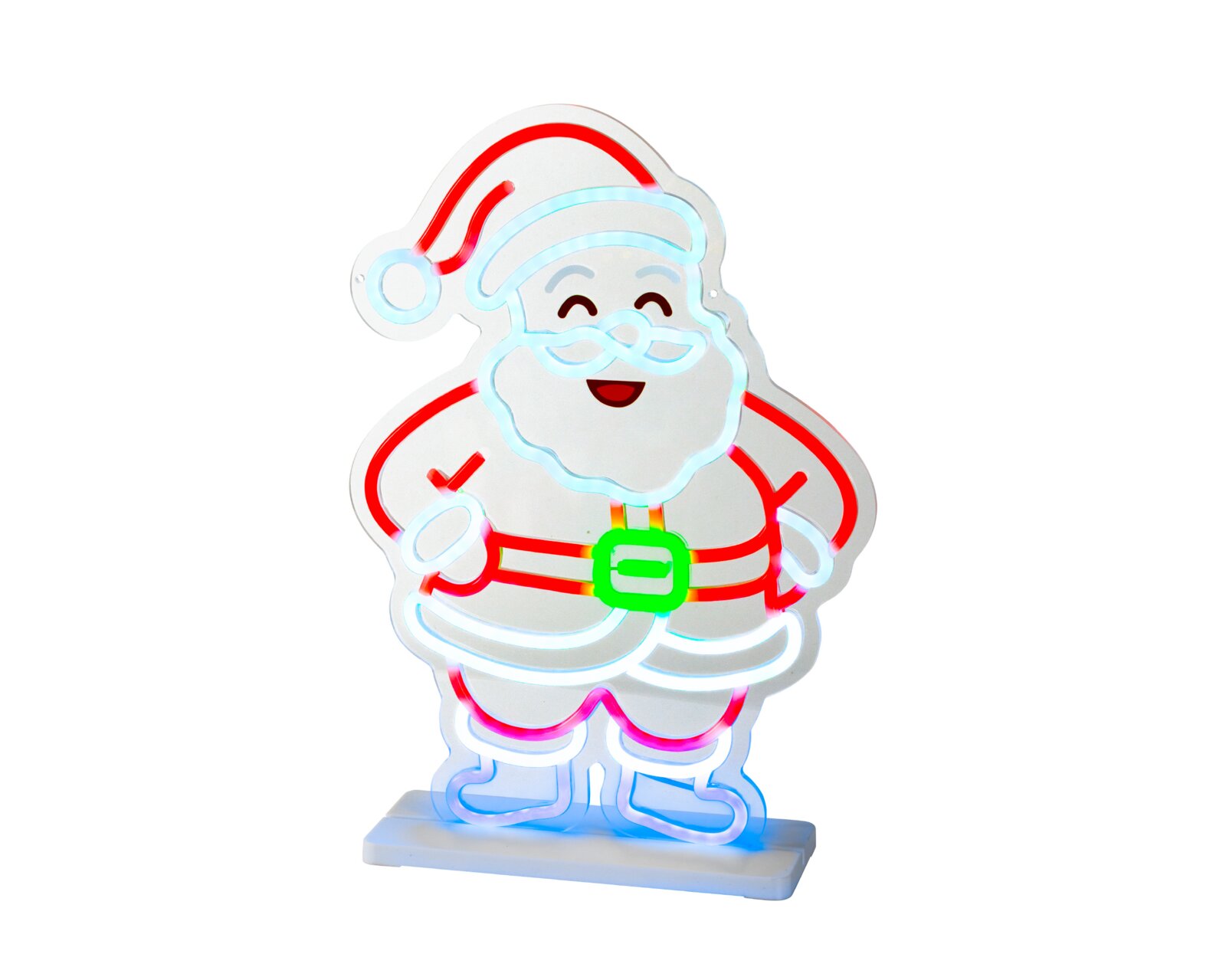 Leuchtende Weihnachtsdekoration in Form eines fröhlichen Weihnachtsmanns mit roten, weißen, blauen und grünen Lichtkonturen auf einem Standfuß, frontal aus leichter Seitenperspektive dargestellt