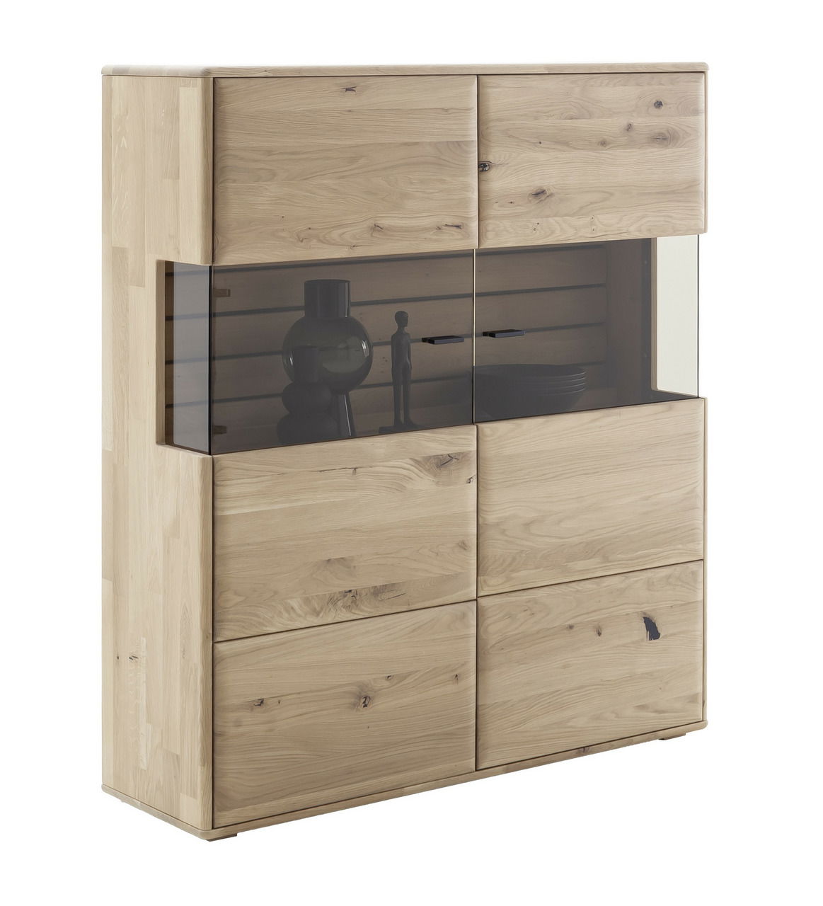 Linea Natura Highboard GEORGIA Hochwertiges Highboard aus Holz mit Glasfront, seitliche Perspektive